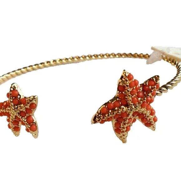 Coral Bead Starfish Cuff Cable Bracelet Nautical Beach Gold Plated Adjustable - Picture 7 of 10